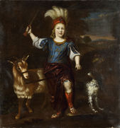 Mladý chlapec s mečíkom, kozou a psom