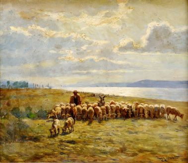 Pastier so stádom oviec