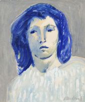Hlava ženy s modrými vlasmi