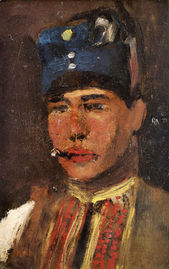 Krojovaný chlapec s vojenskou čiapkou a cigaretou
