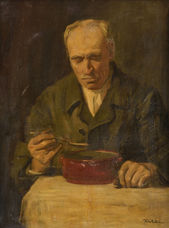 Portrét muža s hrncom polievky