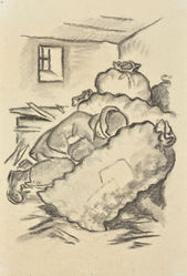 Spiaci pri vreciach zemiakov, ilustrácia ku knihe Ľ. Podjavorinská: Baránok boží
