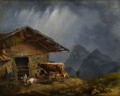 Alpská usadlosť s dobytkom