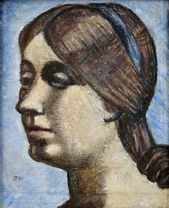 Žena s modrou stuhou vo vlasoch