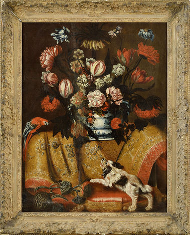 Honosné kvetinové zátišie s papagájom a psíkom