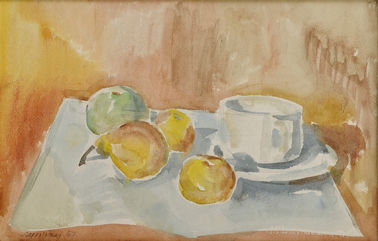 Zátišie so šálkou a ovocím