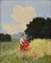 Žena s červeným slnečníkom