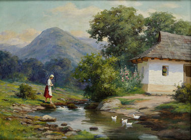 Žena s hrabľami pri potoku