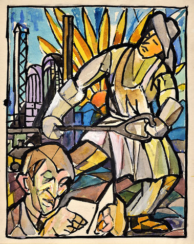 Baník so zbíjačkou a čítajúci muž