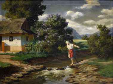 Dievča pri dedinskom potoku