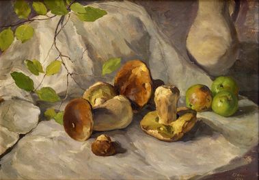Zátišie s dubákmi a jabĺčkami