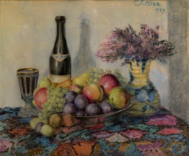 Zátišie s ovocím a fľašou šampanského