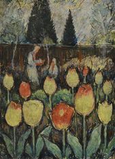 Dve ženy pri záhone s tulipánmi