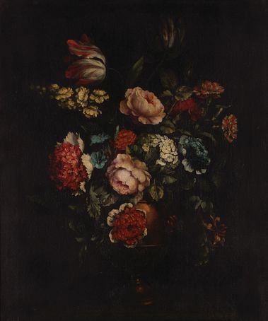 Zátišie s klincami, pivóniami, hortenziami a tulipánmi