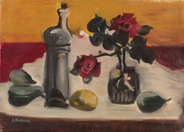 Zátišie s hruškami, citrónmi a ružou