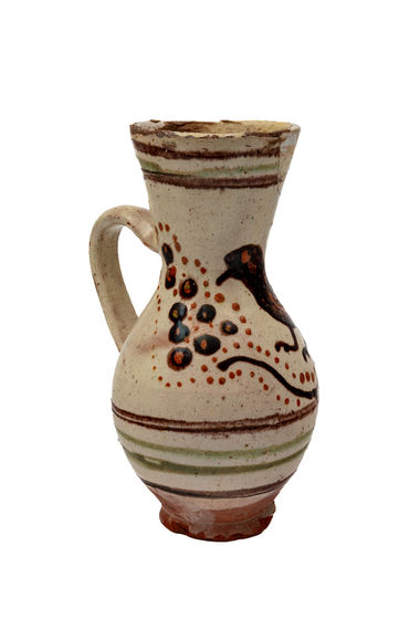 Slovenský džbánik s motívom hnedého vtáka (ľudová práca)