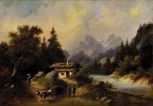 Romantická krajina s kravským povozom