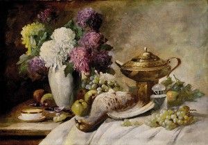 Zátišie s kvetmi, ovocím a zverinou