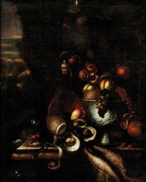 Zátišie s karafou vína, ustricami a ovocím