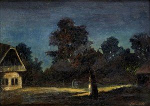 Nočná krajina s chalupou a postavou