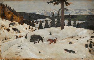 Zimná krajina s diviakom a psami