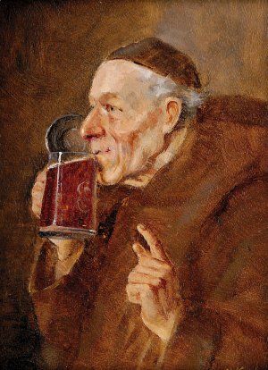 Mních s pohárom piva
