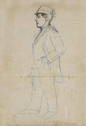 Štúdia stojaceho muža v klobúku z profilu