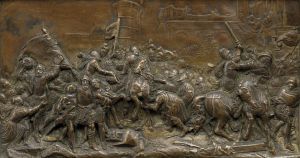 Reliéf s bojovou stredovekou scénou