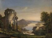 Romantická krajina s ruinami a jazerom