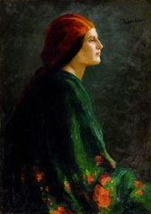 Portrét ženy v červenej šatke z profilu