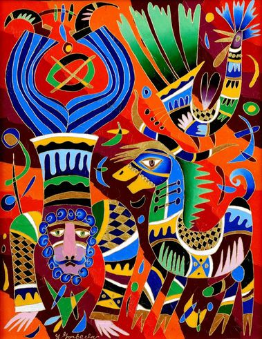 Akrobat na červenom pozadí