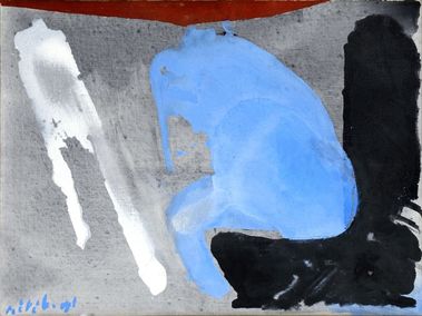 Kompozícia s modrou a bielou figúrou