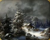 Zimná krajina s horskou chatou a figurálnou štafážou