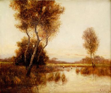 Jesenná krajina s bocianmi