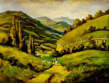 Horská krajina s pastierkami husí