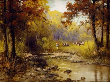 Pastierka kráv pri potoku