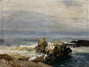 Dáma so psíkom na morskom pobreží