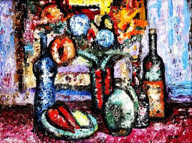 Zátišie s kyticou a fľašami