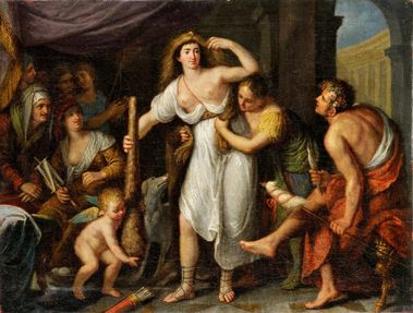 Omfalé v koži nemeánskeho leva a Herakles.