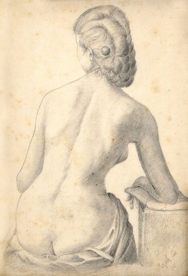 Sediaci ženský akt odzadu