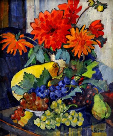 Zátišie s kvetmi a ovocím