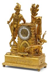 Komodové hodiny s figurálnym nadstavcom poľovníka