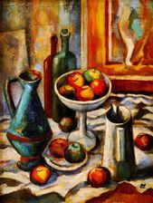 Zátišie s jablkami, obrazom a zeleným džbánom