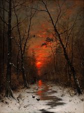 Západ slnka nad zimným lesom