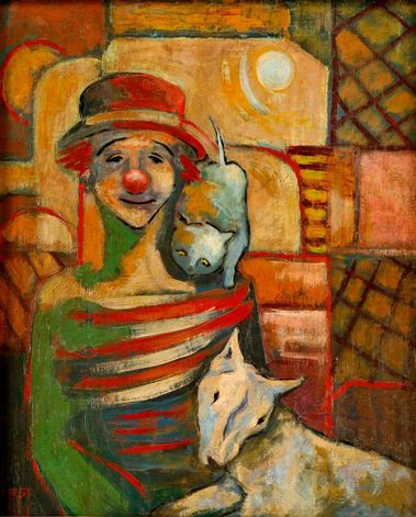 Klaun s mačkou a psom