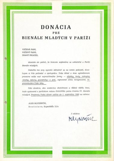 Donácia pre Bienále mladých v Paríži (Koncept)