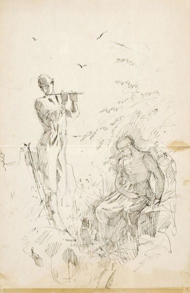 (Folio) Pastierik s píšťalkou a sediaci paholok - Portrét chlapca v saku -  Skice nôh a figúry