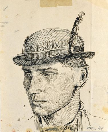 Muž s perom v klobúku