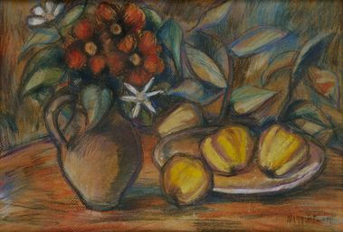 Zátišie s jablkami a červeným kvetmi