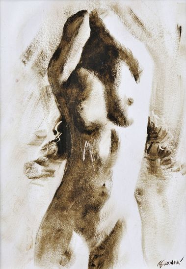 Akt ženy so zdvihnutými rukami